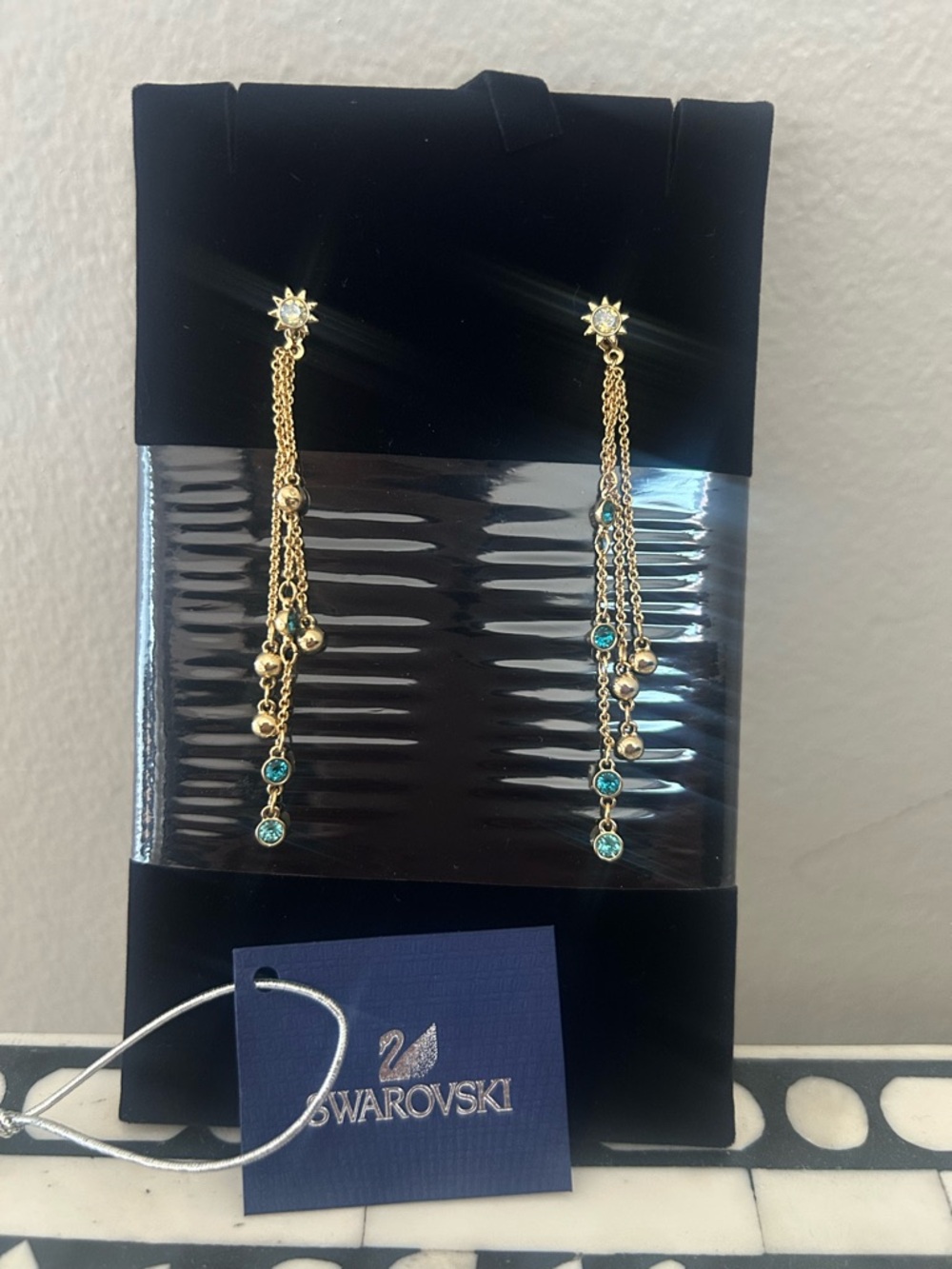 Swarovski Gold Drop Earrings with Teal Blue Crystals